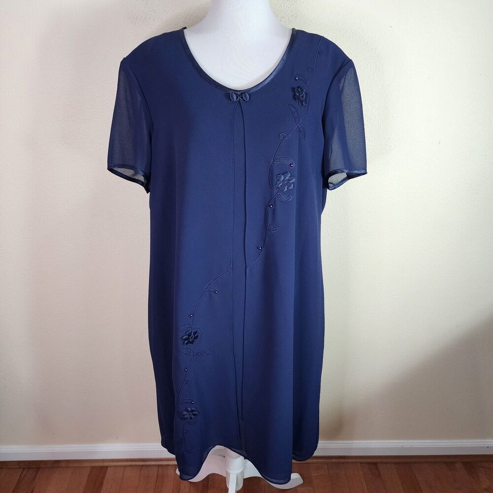 Liz Baker Women's Navy Blue Short Sleeve Shift Dress Size 18 Embroidered Layered